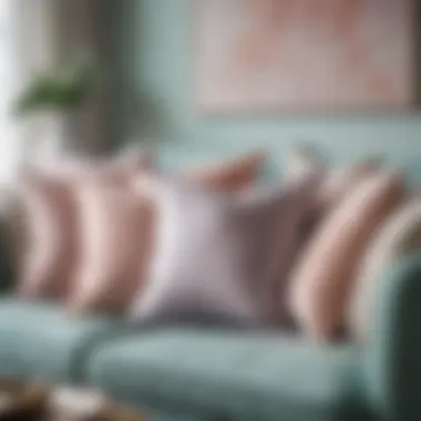 Elegant arrangement of throw pillows in soft pastels