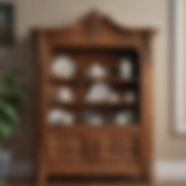 Vintage corner crockery cabinet crafted from solid wood with intricate carvings